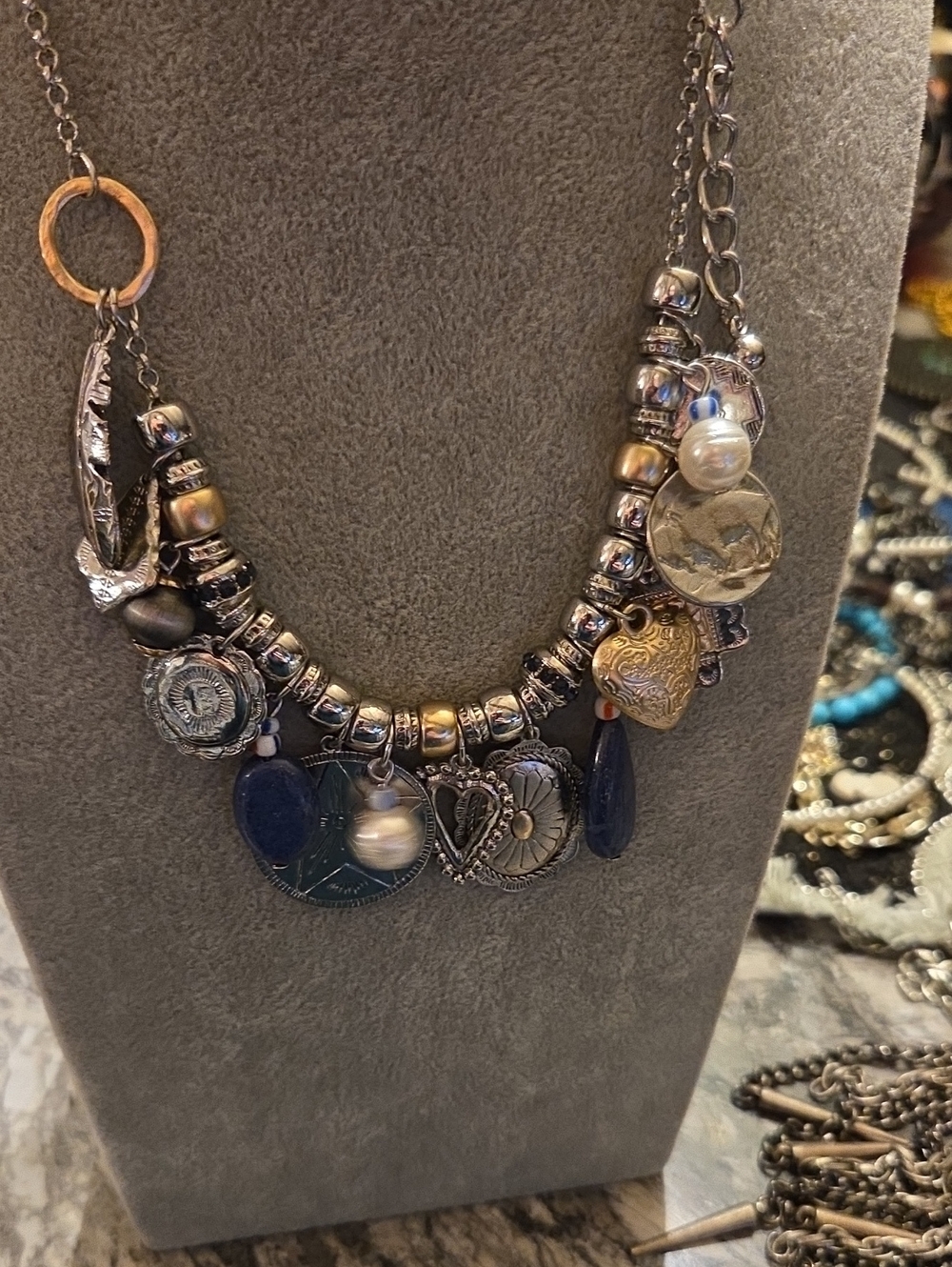 Boho Silver-Tone Charm Necklace with Navy and Pearl Accents